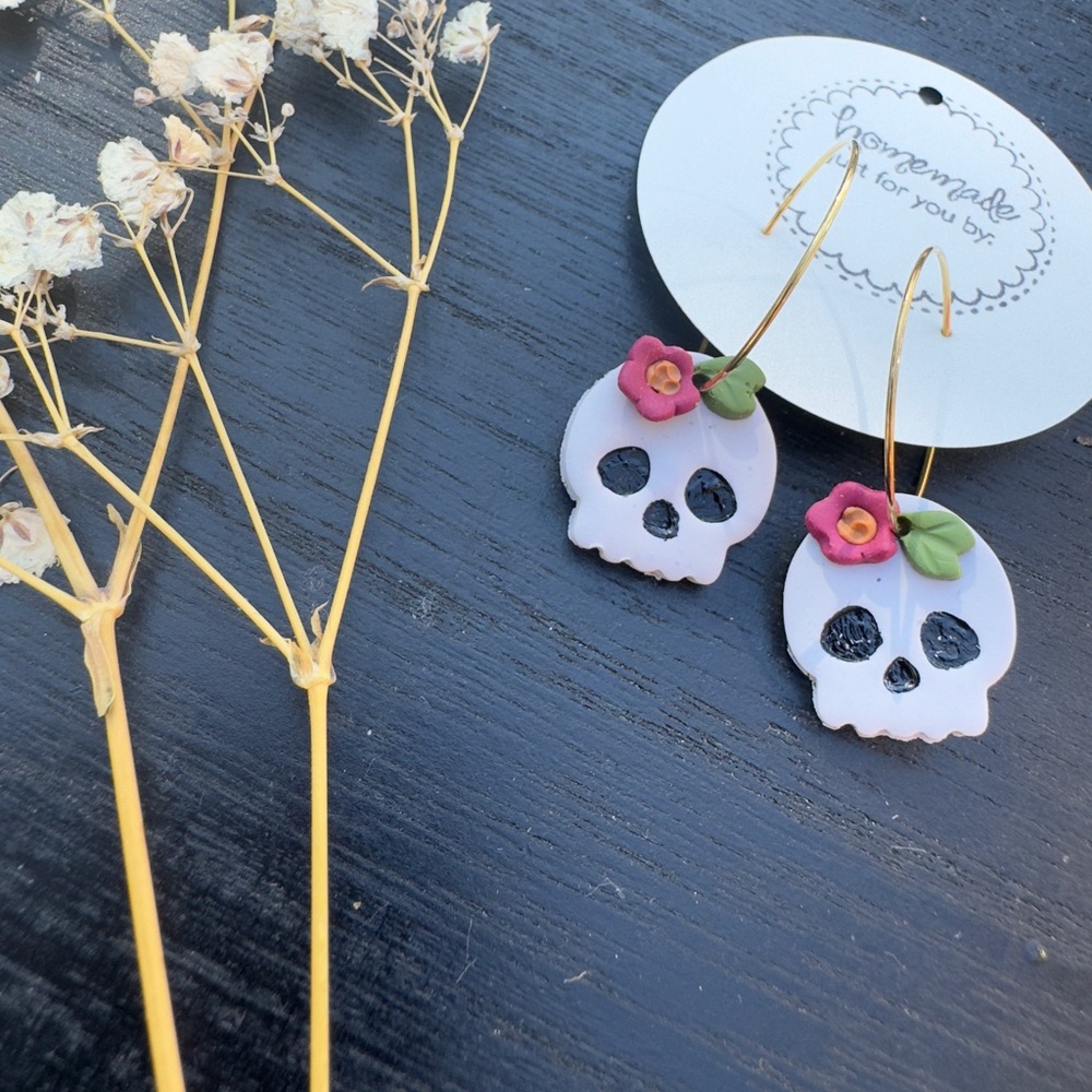 Handcrafted Skull Earrings with Floral Accents